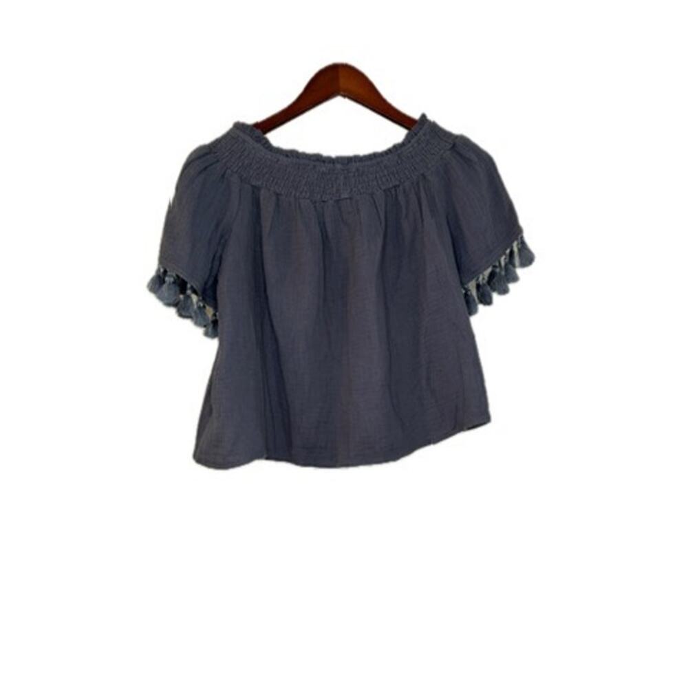 C&C California Womens Small Blue Gauze Off Shoulder Peasant Top Tassel Boho